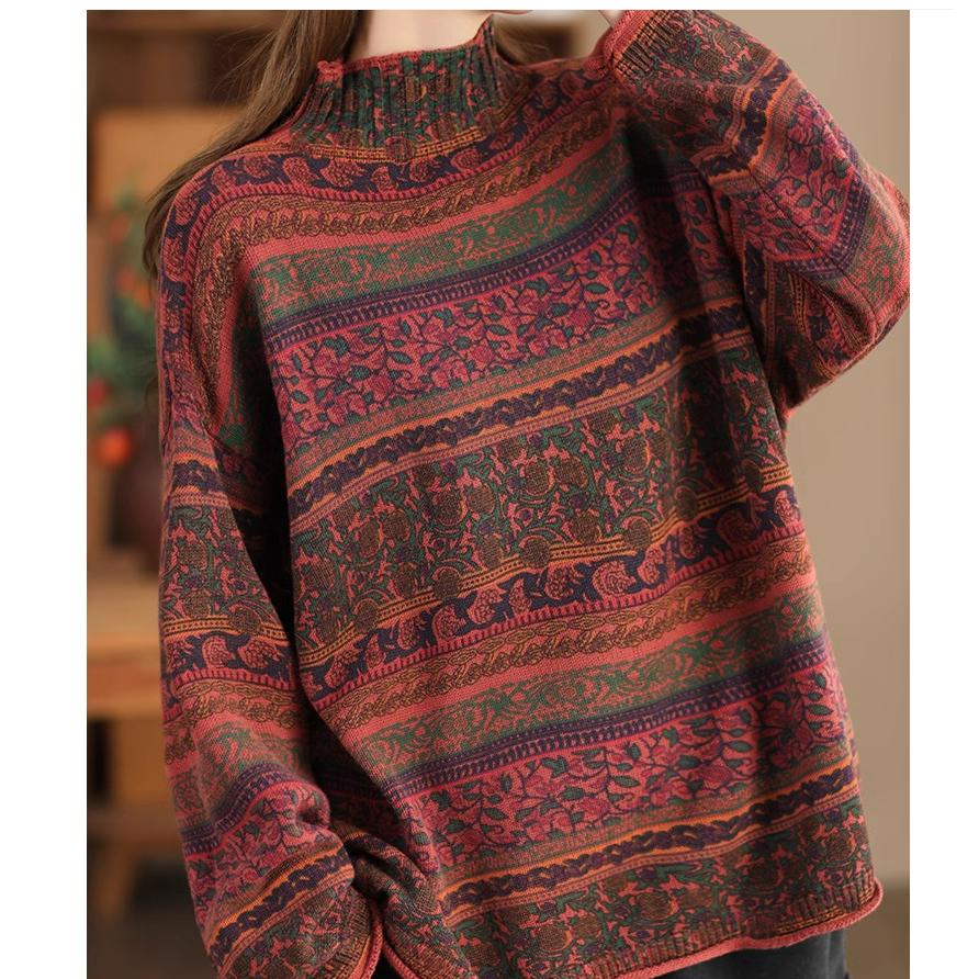 Spring Retro Fried Color Printed Sweater Women's Loose Half-high Collar Long-sleeved Cotton Pullover Sweater