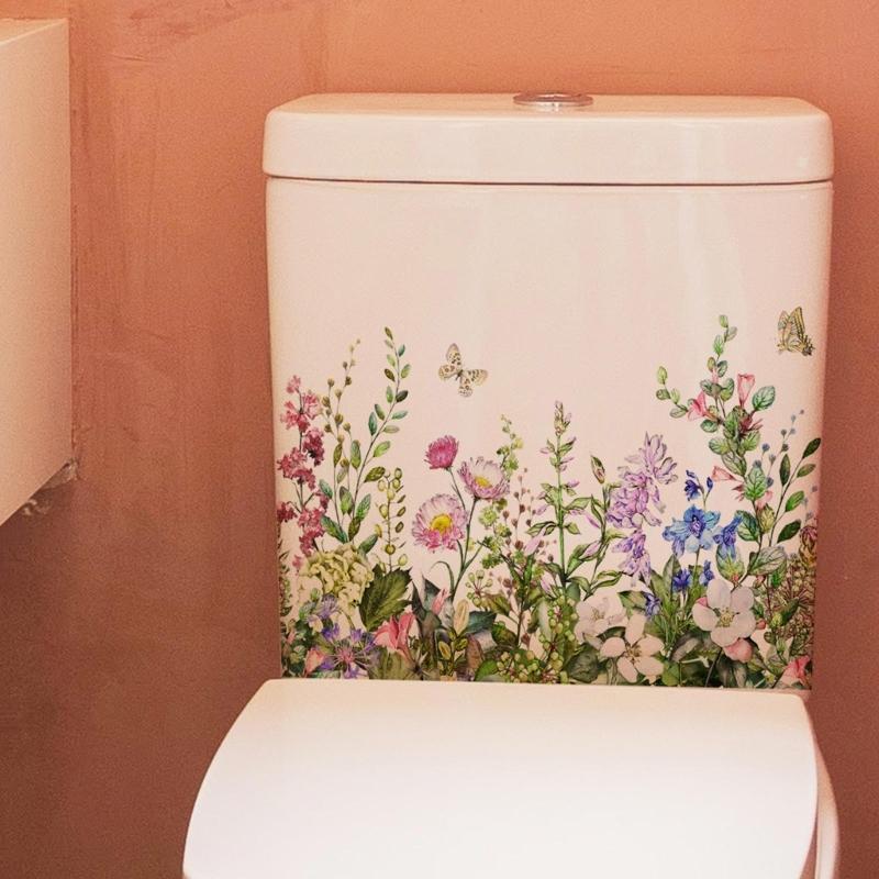 Flower&Butterfly Toilet Tank Sticker Self Adhesive Murals Stickers Bathroom Wall Sticker Flower Home Decorations Decals