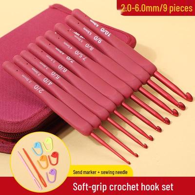 Red Soft Grip Crochet Hooks Set: Handmade Silicone Non-Slip Knitting Needles with Bag