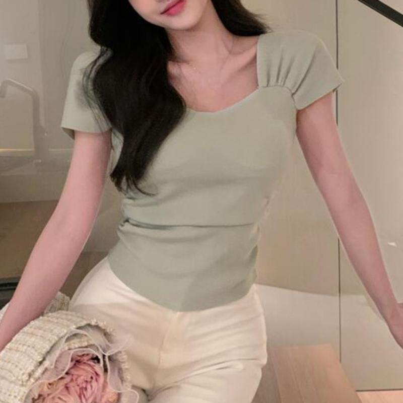 

Элегантная офисная женская блузка, женская тонкая вечерняя вечеринка, укороченный топ Y2k, однотонная повседневная рубашка с коротким рукавом, корейская мода, лето 2023 г.