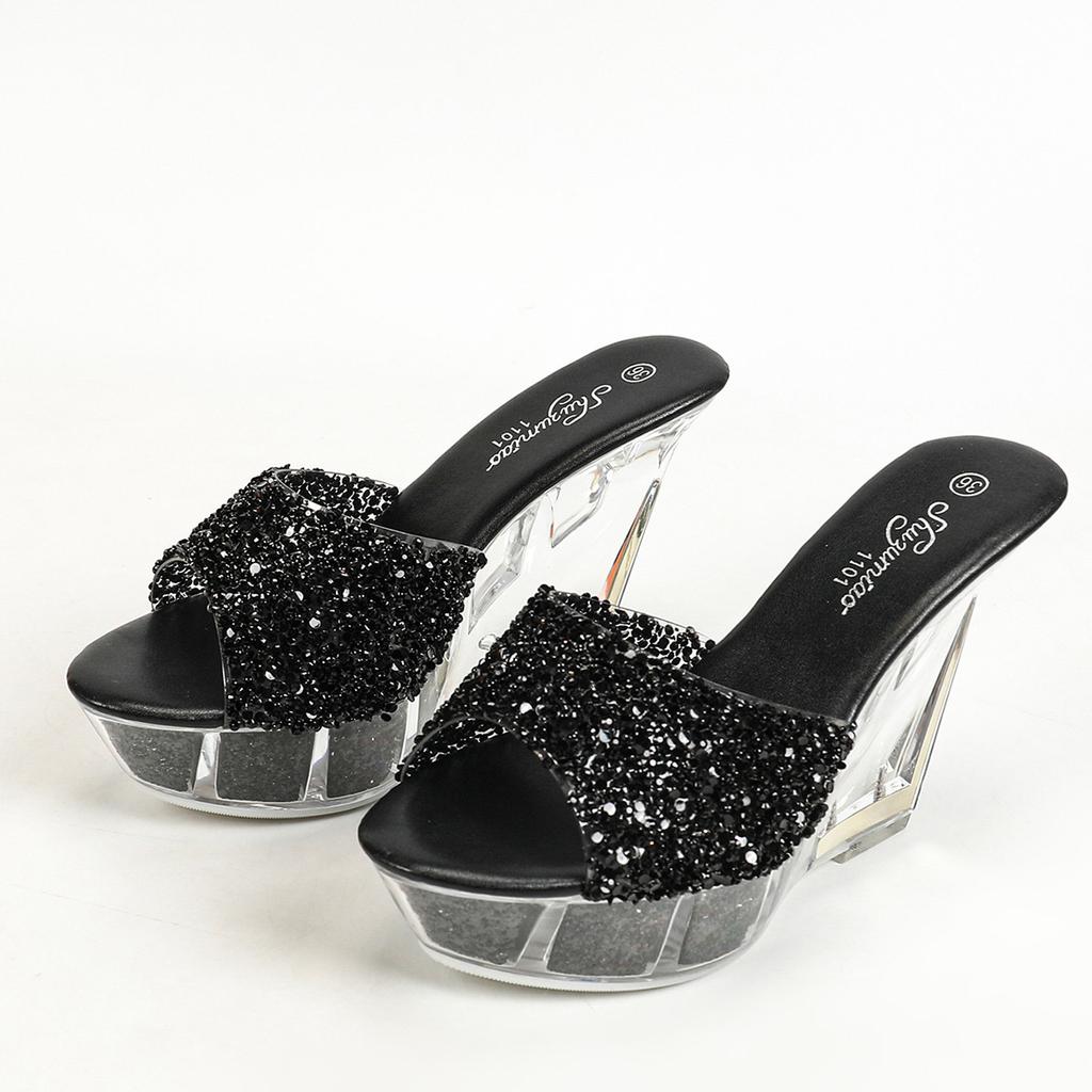 Slope Heel 11CM Nightclub High Heels Trendy Women's Shoes Hotel Nightclub Transparent Crystal Banquet Crystal Bottom