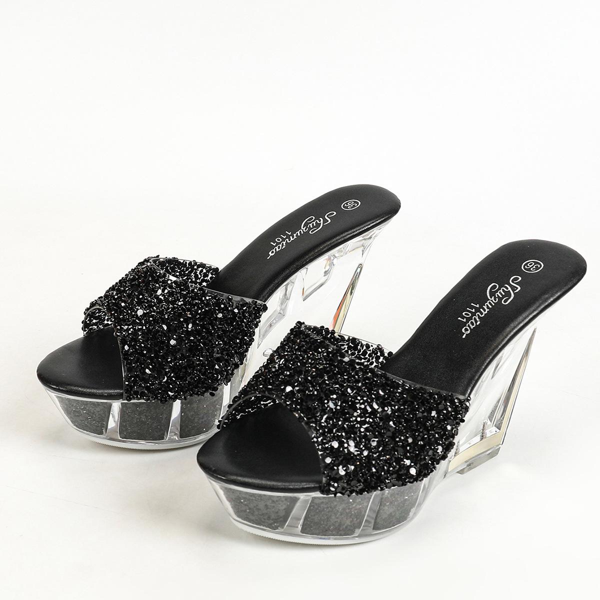 

Каблук-наклон 11 см Туфли на высоком каблуке для ночного клуба Модная женская обувь Отель Ночной клуб Прозрачный Кристалл Банкет Кристальная подошва 43 чёрный