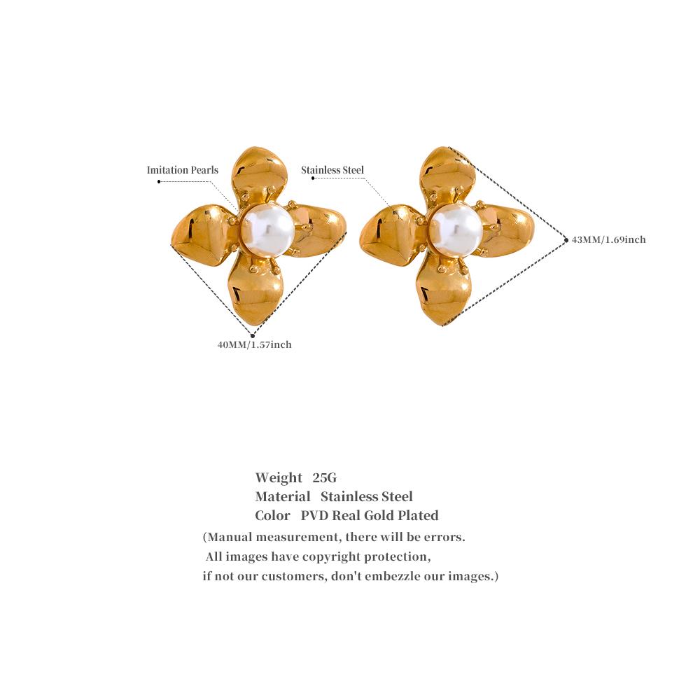 Yhpup Elegant Imitation Pearls Stainless Steel Flower Big Stud Earrings Women Golden Rust Proof Trendy Jewelry Party Gift