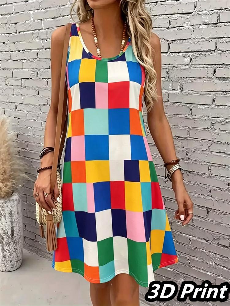Lässiges Damen Tanktop-Kleid Sommer Ärmellos O-Ausschnitt 3D-Druck Locker A-Linien-Kleid Strand-Westenkleid