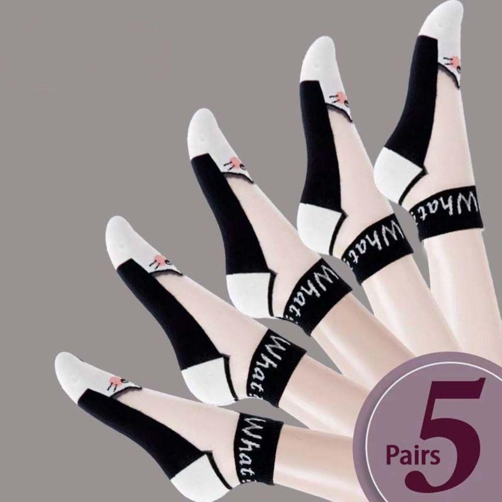 5Pairs Wear-resistant Short Socks Breathable Sport Socks Casual Black and White Cat Socks