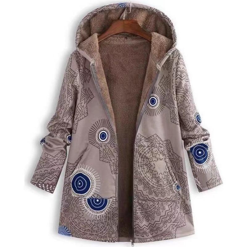 Women S Oversized Printed Hooded Zip Up Long Sleeve Casual Coat