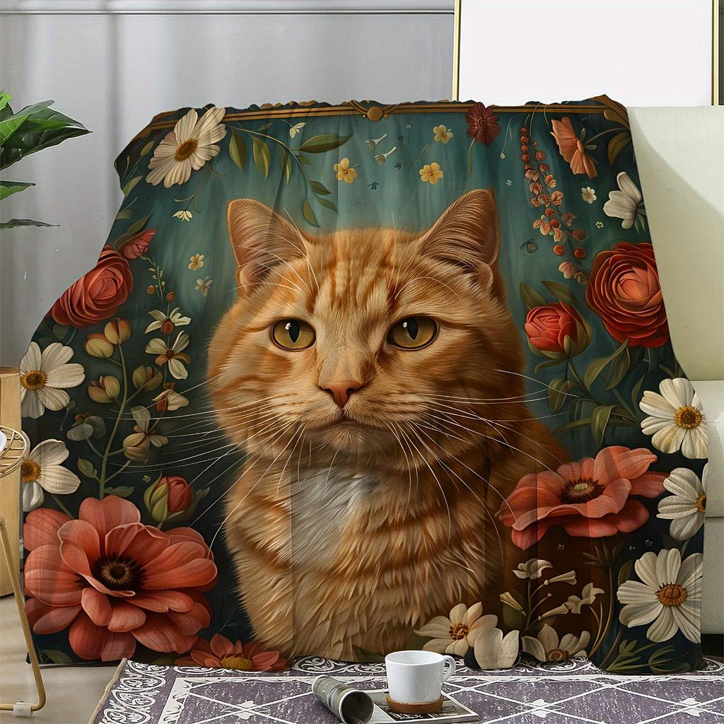 Charming Cat Floral Blanket - Soft Cozy Throw with Detailed Flowers, Perfect for Home Decor, Unique Gift for Pet Lovers