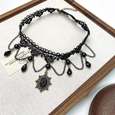 Gotisch Punk Sexy Spitze Schwarzer Kristall Anhänger Halskette Für Frauen Teenager Mädchen Nieten Blume Kragen Halskette Rock Schmuck Geschenke Party