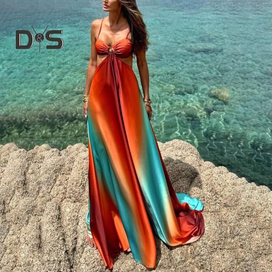 Sommer-Strandkleid, tief ausgeschnittenes, taillenbetontes, rückenfreies, ärmelloses, ausgehöhltes Urlaubs-Unterkleid, kontrastfarbenes A-Linien-Maxikleid