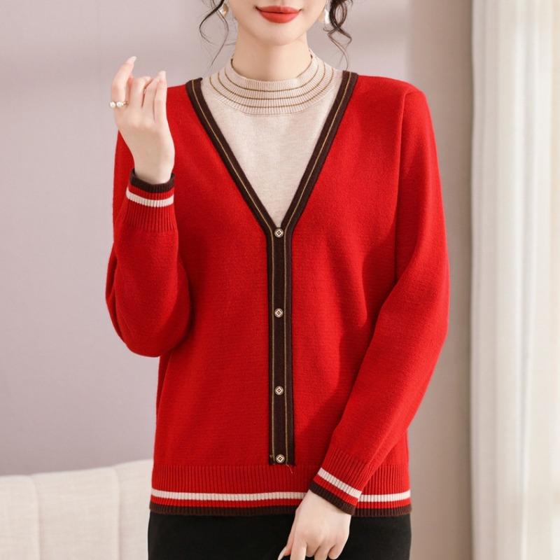 Autumn and winter new fake two-piece knitted long-sleeved sweater women's semi-turtleneck top loose meat-covering fashion bottoming shirt