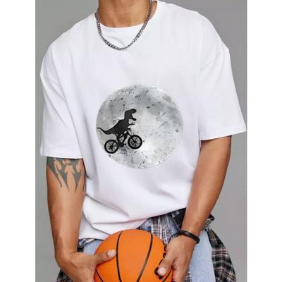 White T Shirt with Dinosaur Riding Bike On Moon Print Casual Summer Wear for Men and Women