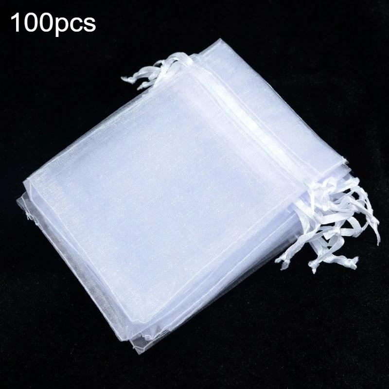 100pcs White Organza Gift Bags Drawstring Pouches Baby Shower Wedding Birthday Candy Bags Jewelry Packing Bag Party Supplies 100pcs&9x12cm