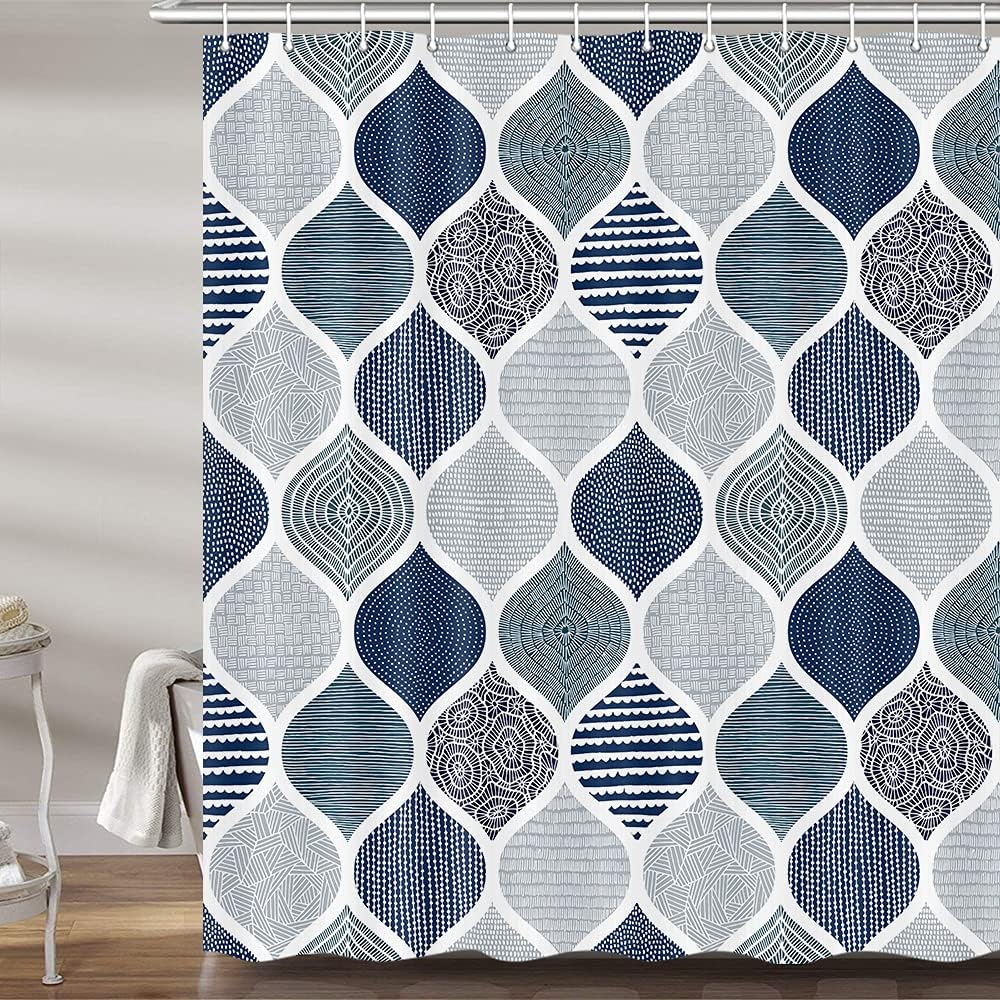 DYNH Boho Blue and Grey Shower Curtain for Bathroom, Dark Navy Blue Gray Geometric Stall Fabric Shower Curtains Set, Modern Fun Paisley White