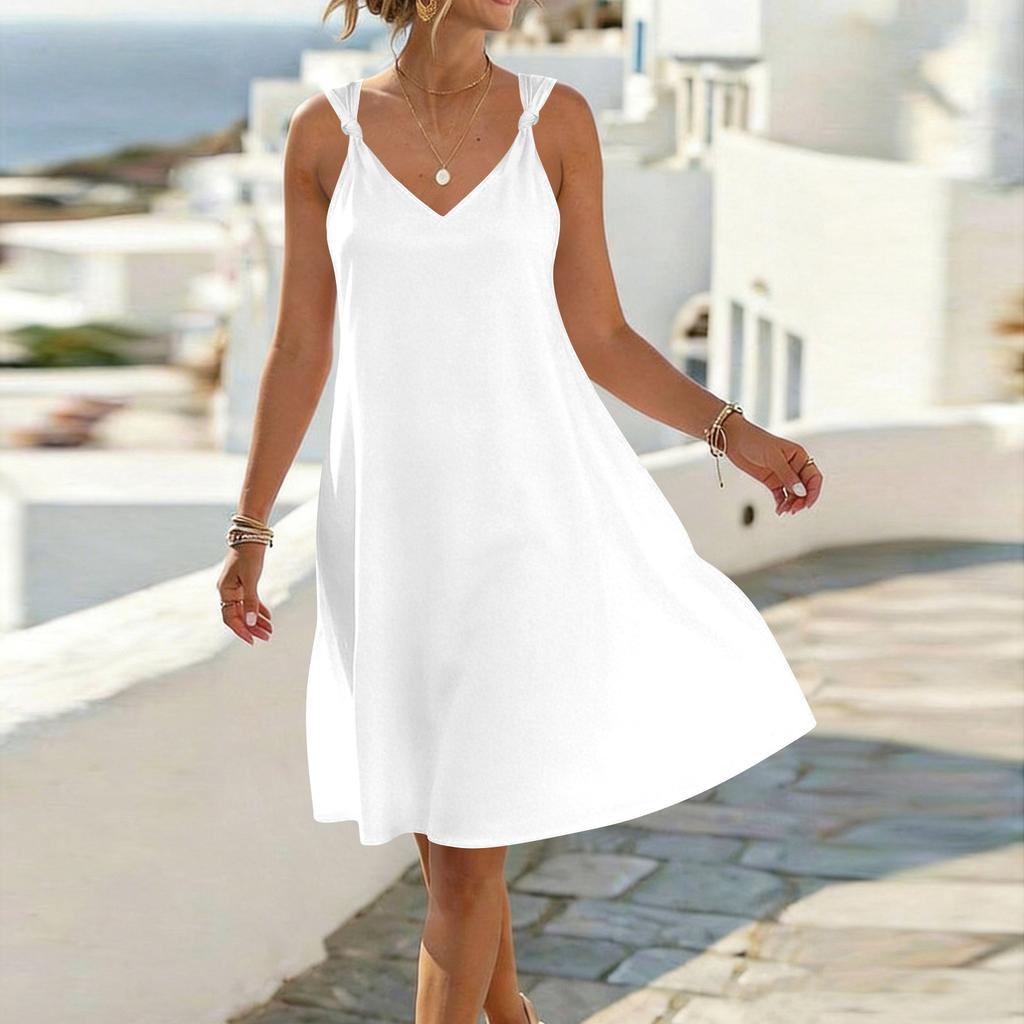 Women Sleeveless V Neck Strap Dress Casual Loose Fit Tie Shoulder Summer A Line Dress Lightweight Solid Design