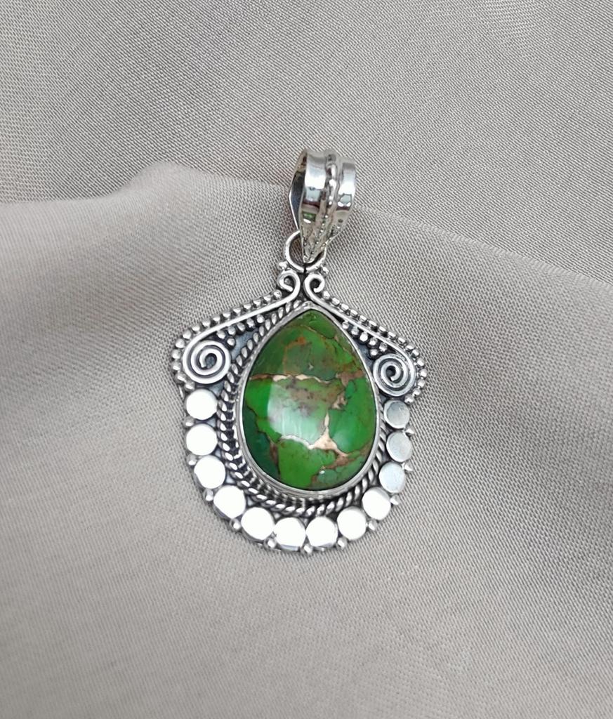 Green Copper Turquoise Pendant Necklace: 925 Sterling Silver Boho Jewelry