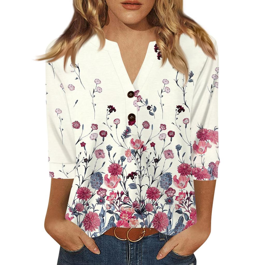 Dames T-shirt Print Knoop 3/4 Mouw Dagelijks Weekend Mode Basic V-hals Normale Top