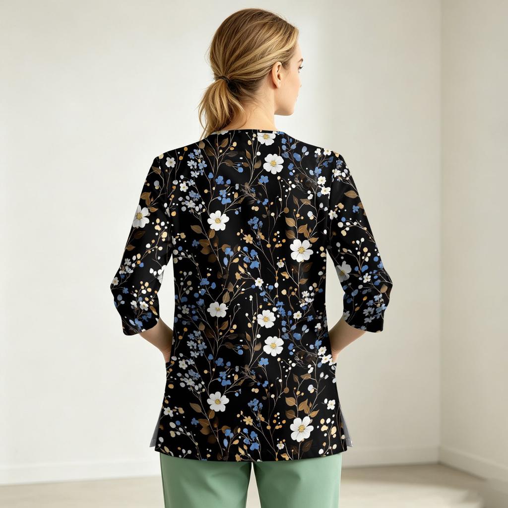 Women's Uniform Top, V-Neck with Single Pocket and Side Slit, 3/4 Sleeve