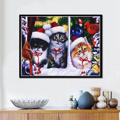 Christmas Cat Happy New Year Full Round Drill Cartoon Picture of Rhinestones 5d Diydiamond Painting