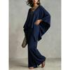 Women's new loose V-neck top high waist wide legs casual vacation style solid color suit