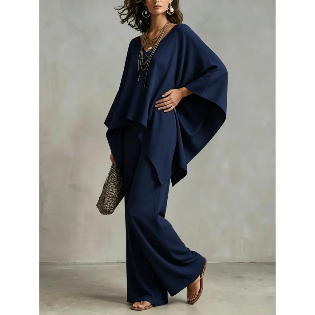 Women's new loose V-neck top high waist wide legs casual vacation style solid color suit