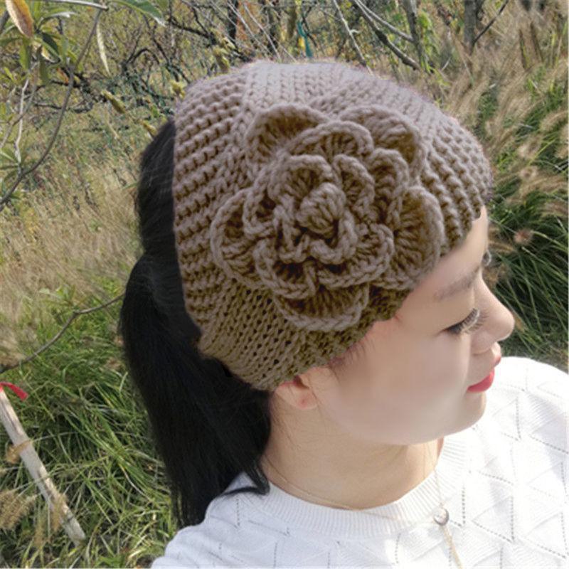 

Повязка на голову с цветком из шерсти, связанная вручную: Теплая повязка на голову с широкими полями для защиты ушей осенью и зимой, аксессуар для волос в корейском стиле. Flower темно-серого