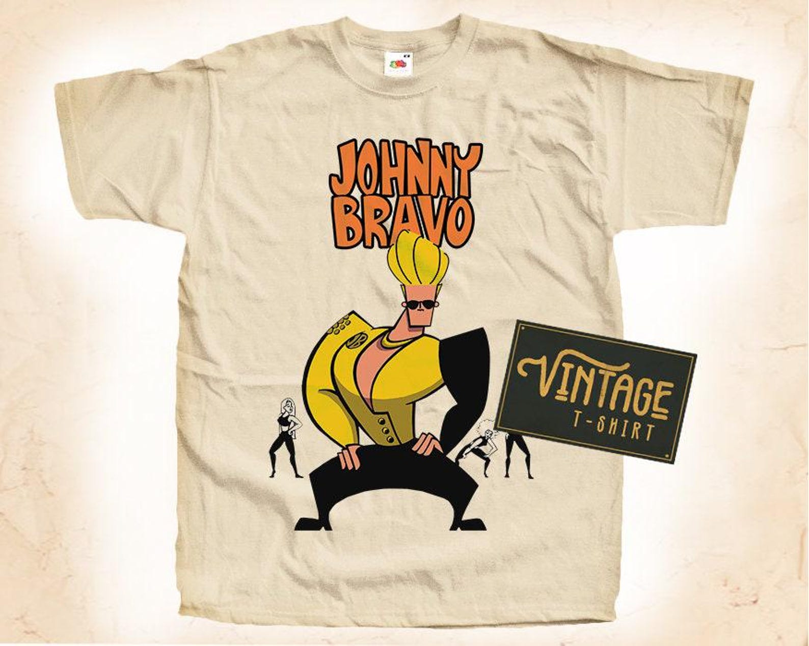 Johny Bravo V1 T-Shirt Tee Natural Vintage Cotton Movie Poster Beige All Sizes S M L XL 2X 3X 4X 5X S