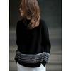 Suéter de punto Fair Isle negro estilo francés para mujer, cuello semitortuga, corte holgado