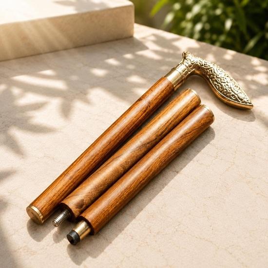 Engraved Brass Handle Wooden Walking Stick Collapsible Cane Gift for Him Gentleman Style Gift 93.98 Cm