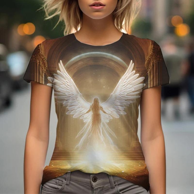 T-shirt da Donna con Stampa 3D Modello Angelo Estivo Moda Scollo a O Manica Corta T-shirt Y2k Harajuku Magliette Top Casual Abbigliamento Femminile