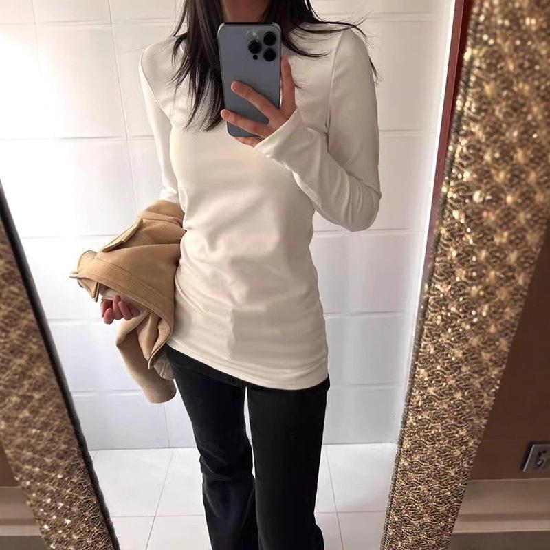 Women's Soft & Sticky Thermal Fleece T-Shirt: White Base Layer, Dropped Shoulders, Slim Fit, Long Sleeves - New Autumn/Winter Korean Style