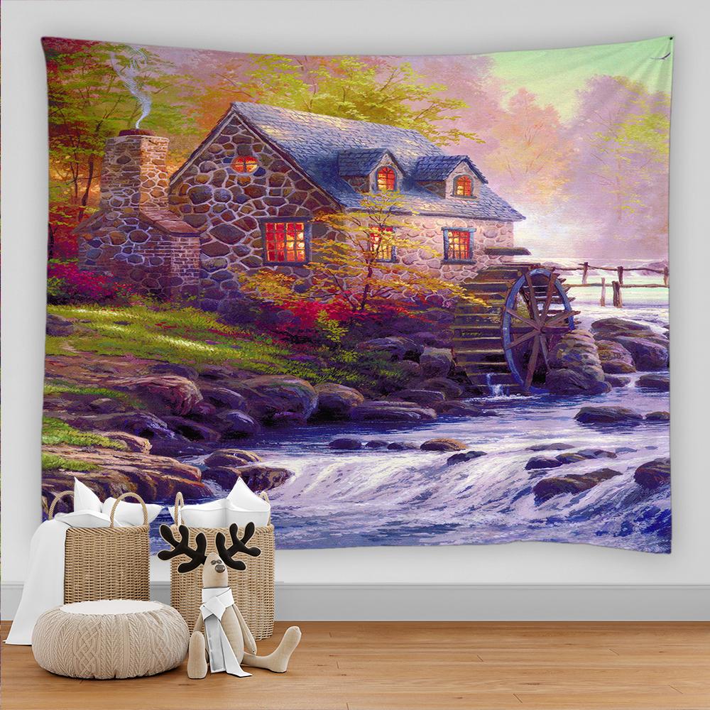 Pictură în ulei de culoare vintage, imprimare peisaj rural floral, agățat pe perete, prosop de plajă, artă, tapiserie, dormitor, decorare a casei