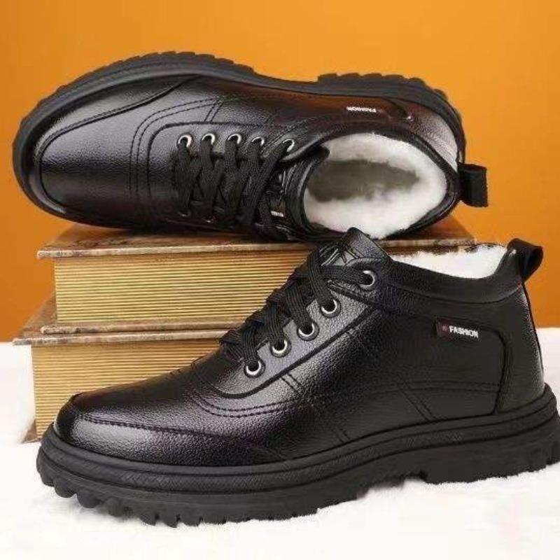 Winter Classic Men Plush Cottom Shoes Outdoor Warm Wear-resistant Casual Snow Boots Middle-aged Elderly Leather Shoes Dad's Shoe