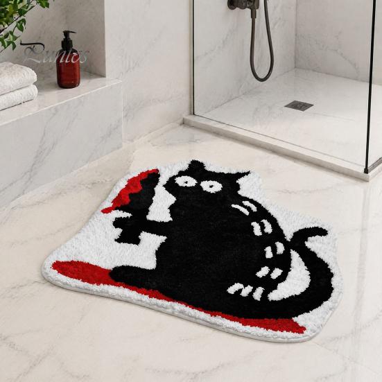 Cozy Soft Bedroom Accent Mat Halloween Pumpkin Bath Mat, Bathroom Rug with Non-slip Backing, Non-shedding Flocking Absorbent Black Cat for Home