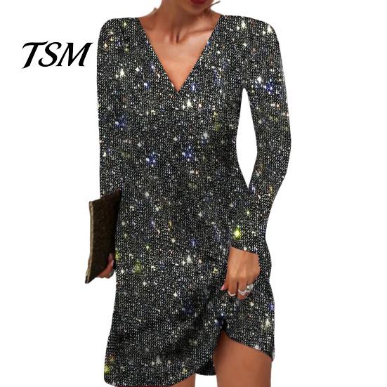 Lady Long Sleeve Dress Women V Neck Shiny Sequin Loose A-line Solid Color Fit Mini Soft Breathable Pullover Elastic Above Knee Length Party