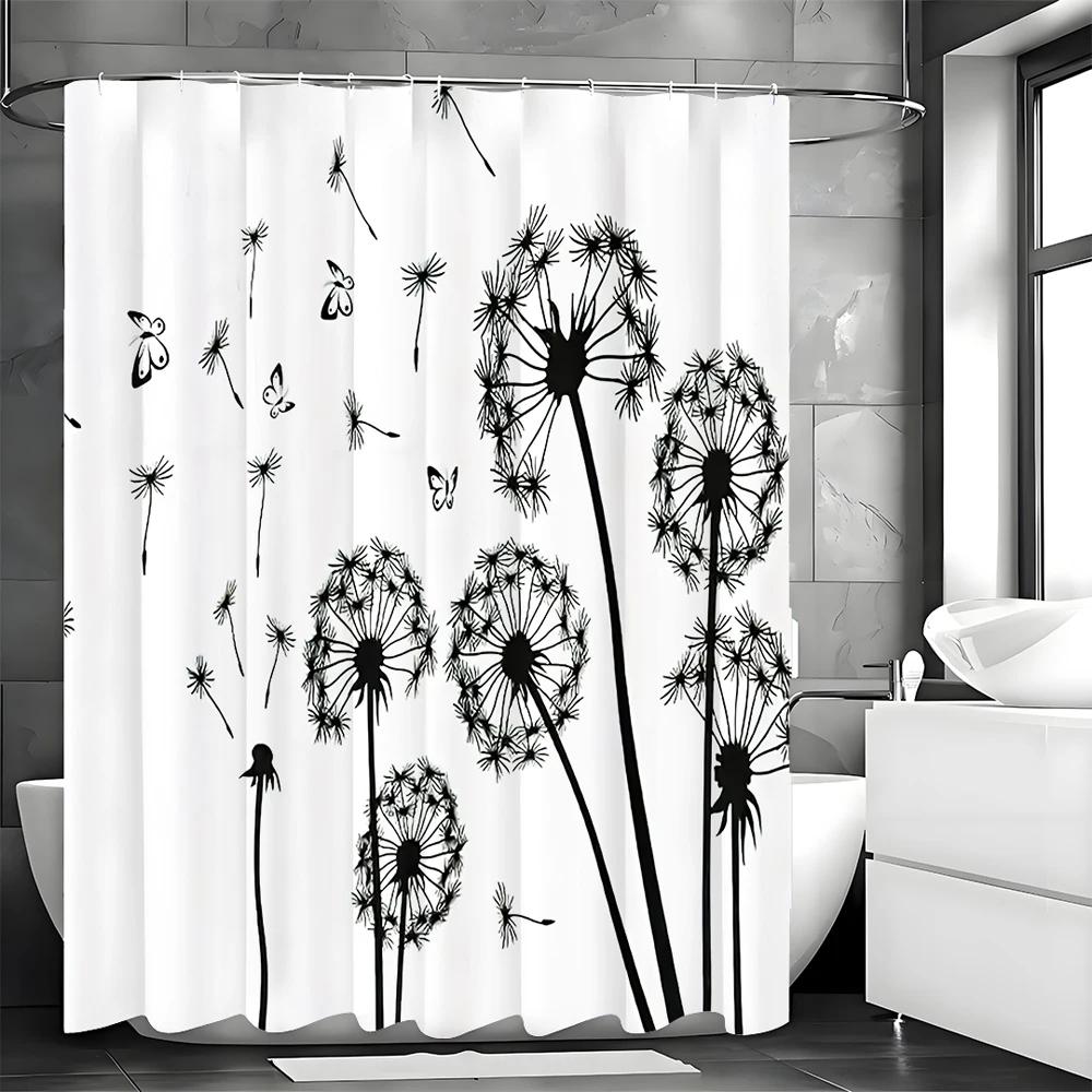 Black and White Dandelion Butterfly Shower Curtain, Bathroom Decorative Shower Curtain, Waterproof Shower Curtain with Hooks