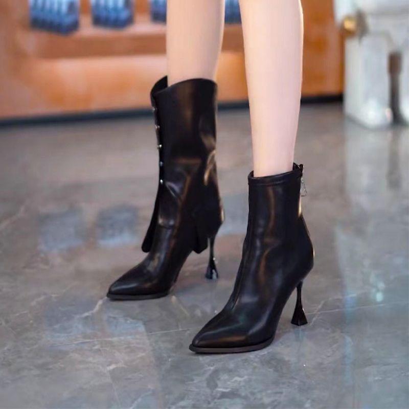 European and American Style Two Wear Pointed Rivets High Heel Medium Boots Women's 2025 Autumn and Winter New Fine Heel Fashion Martin Boots Women
