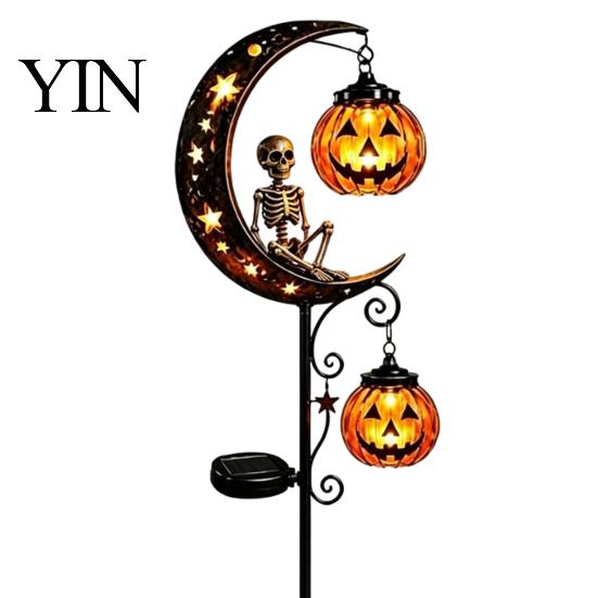 Holiday Seasonal Lawn Decor Solar Halloween White Ghost Pumpkin Moon Garden Stake Light, Waterproof LED Creative Gifts for Home Yard Decoration,