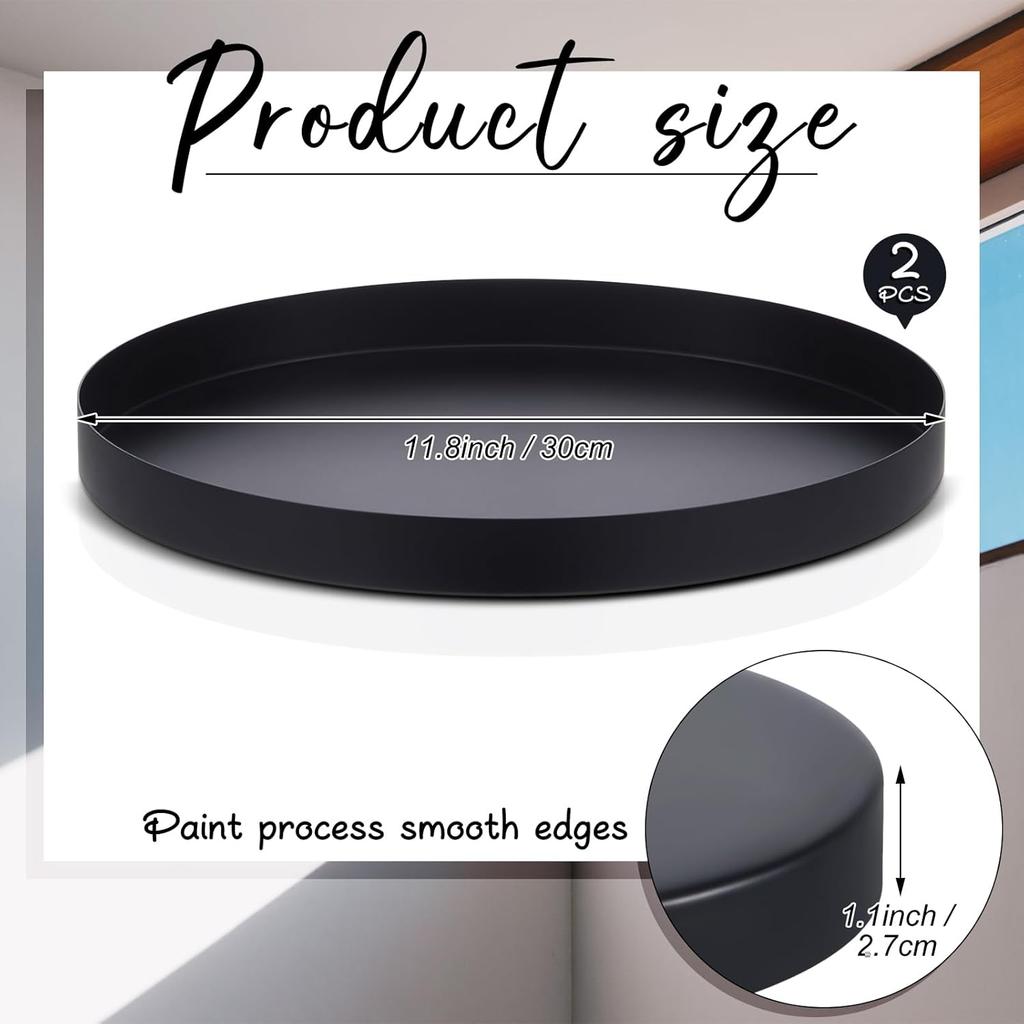 2 Pcs 11.8" Black Round Tray Metal Coffee Table Tray Candle Holder Tray Centerpiece Decorative Serving Tray Farmhouse Modern Holder Tray for Home
