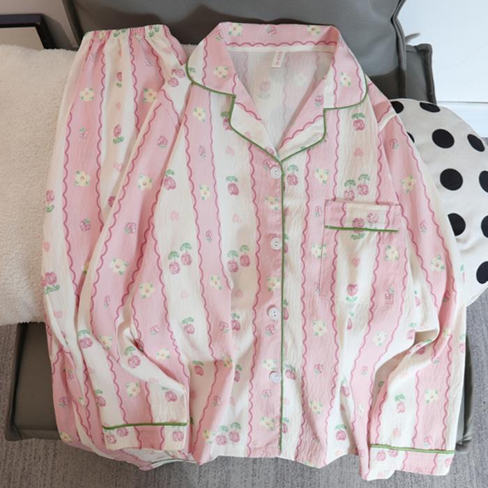 Nuovo Set Pigiama Autunnale da Donna Casual Cotone Sintetico Dolce Pigiama da Donna Maniche Lunghe Nightwear Sleepwear Pijamas Coreani per Ragazza