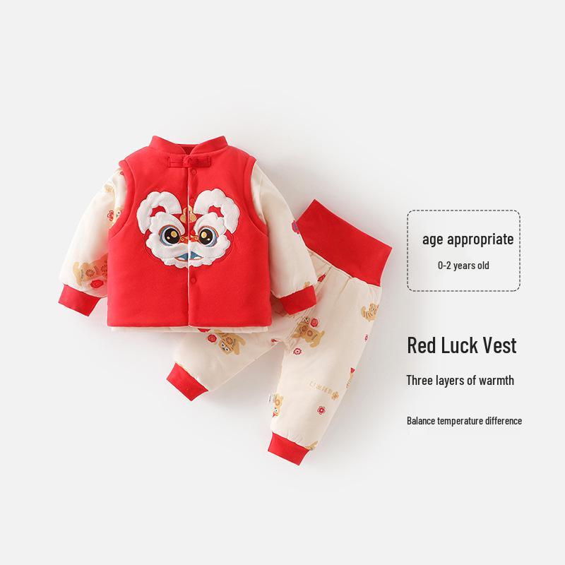 

New Year Unisex Baby Cotton Vest Outfit - Red Three-Piece Set 80 cm