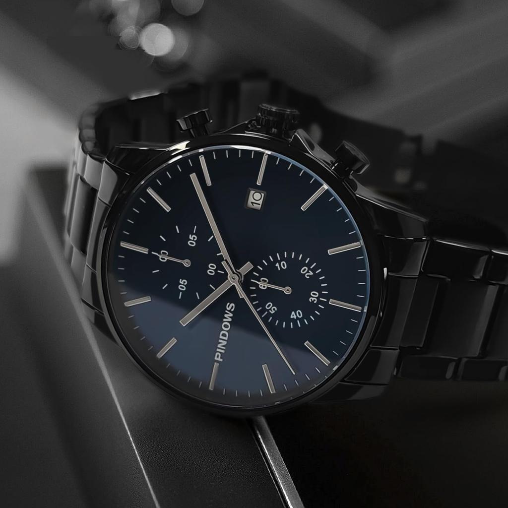 PINDOWS Men's Watch, Black - Simple Stainless Steel Chronograph Business Watch with Date Display