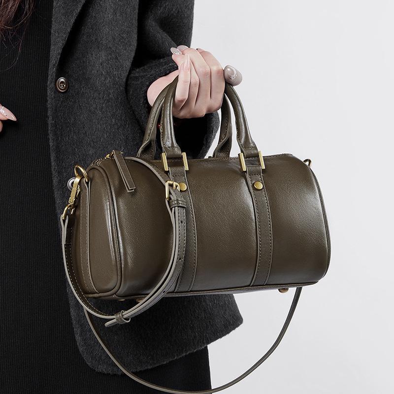Borsa Boston vintage: Borsa a mano da donna in pelle conciata al vegetale leggera e di lusso