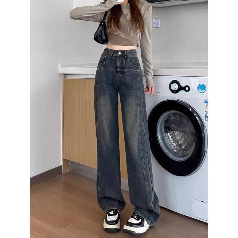 

Cement Gray Women’s High-Waisted Slim-Fit Wide-Leg Jeans with Velvet for Autumn/Winter 2025 XS