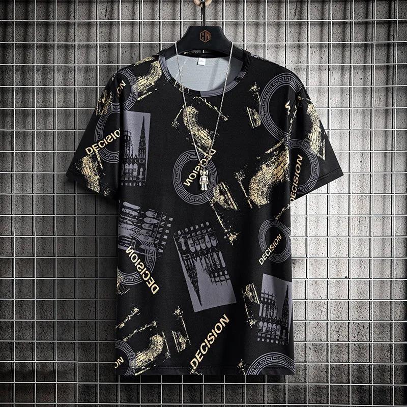 

Летние футболки из ледяного шелка, большие футболки с геометрическим графическим принтом, мягкие дышащие крутые топы, мужские повседневные рубашки с круглым вырезом и короткими рукавами M