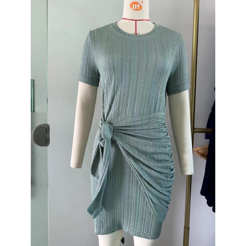 Jarní a letní dámské šaty Nové jednobarevné Pletené šaty s kulatým výstřihem a krátkým rukávem