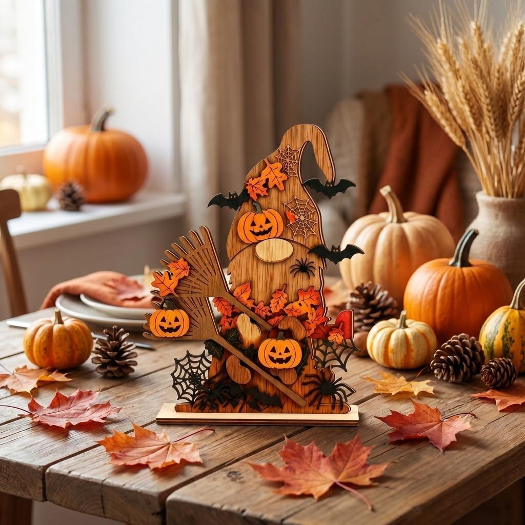 Autumn Halloween Wooden Decorative Figurines Set Random Style Seasonal Home Tabletop Decoration Indoor Outdoor Display