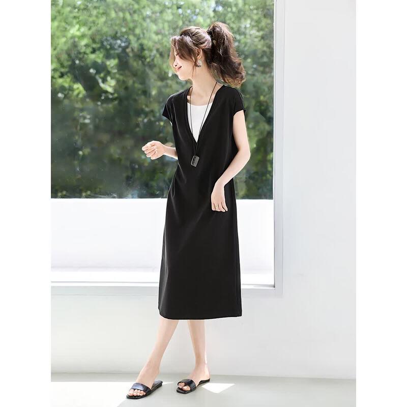 Faux Two-Piece Color-Block V-Neck A-Line Midi Dress M