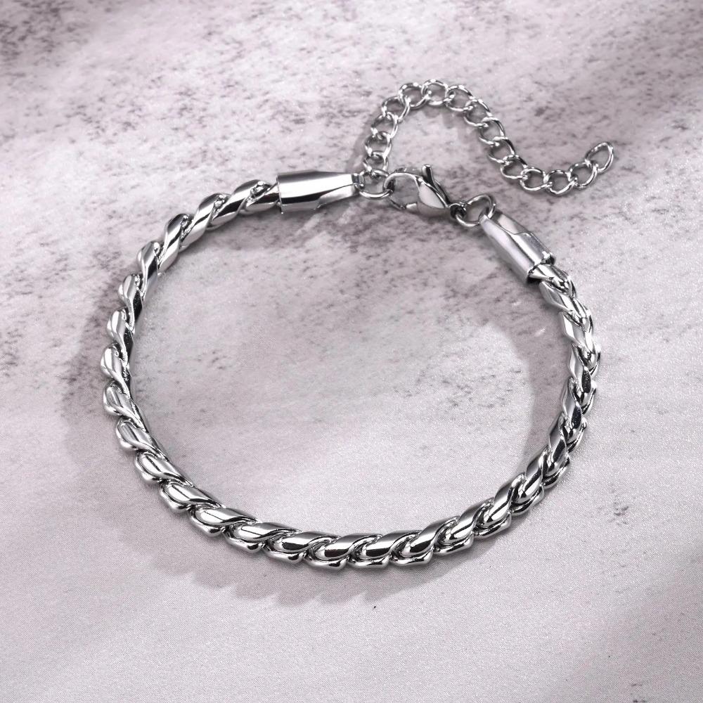 Men Snake Link Chain Bracelets, Black Silver Color Twisted Stainless Steel Glossy Chain Bracelet, Comfort Wear Jewelry