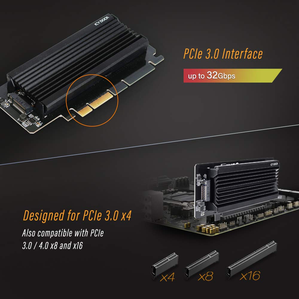 ICY DOCK NVMe SSD Adapter and Heatsink PCIe x4 32Gbps SSD to PCI e slot MB987M2P-2B M.2 3.0 m.2
