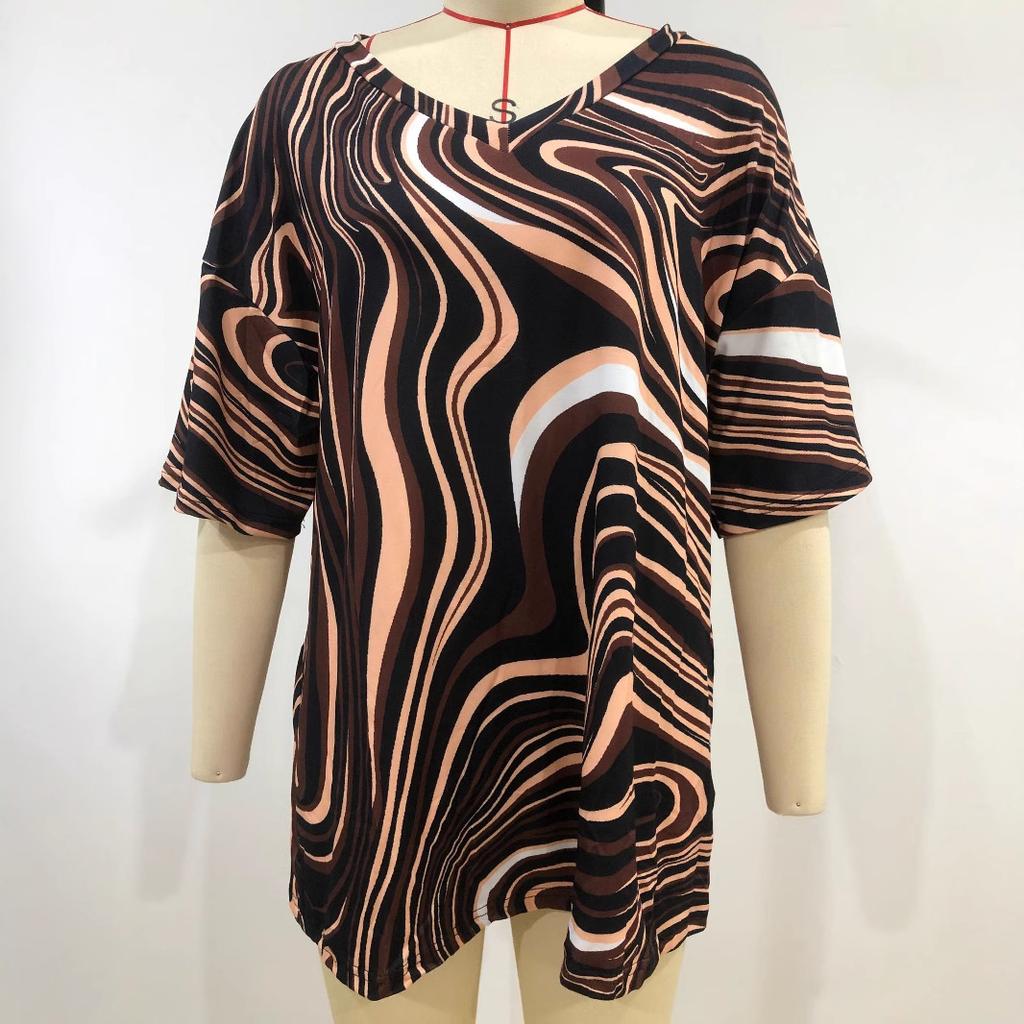 Summer V-neck 3D Printed Wave Pattern Top Fashionable Casual Short Sleeved Plus Size Women's T-shirts